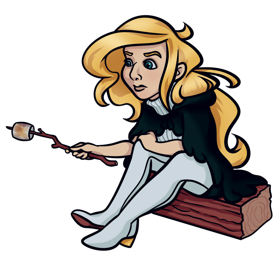 A cartoonish drawing of a blonde girl sitting on a piece of wood. She is holding a toasted marshmallow out over a fire that is not pictured.