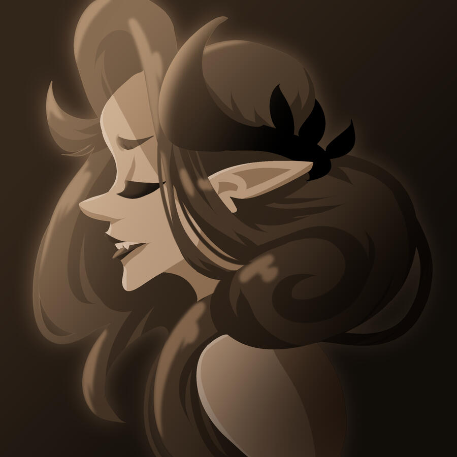 a lineless cartoonish painting of a woman in profile. she is wearing black laurels that resemble horns, and her tongue is sticking out a little.
