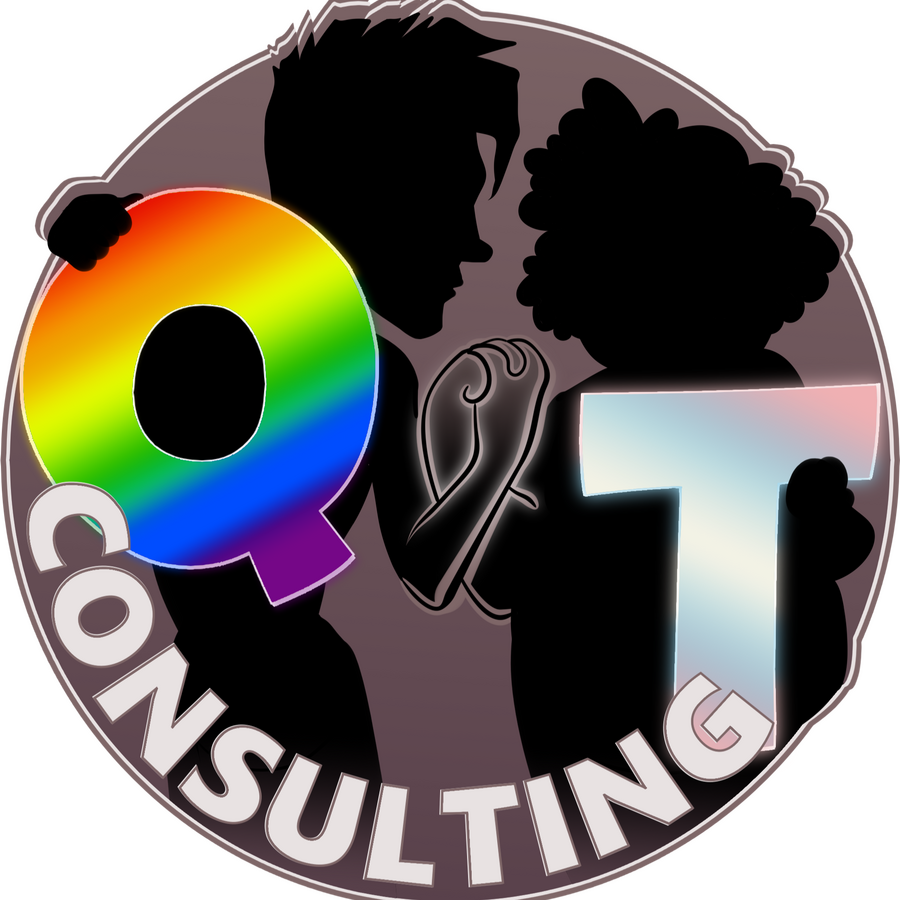 a logo that reads "Q & T consulting". two silhouettes, one tall and angular, the other short and round, hold the letters. their forearms and hands are interlocked in the center.
