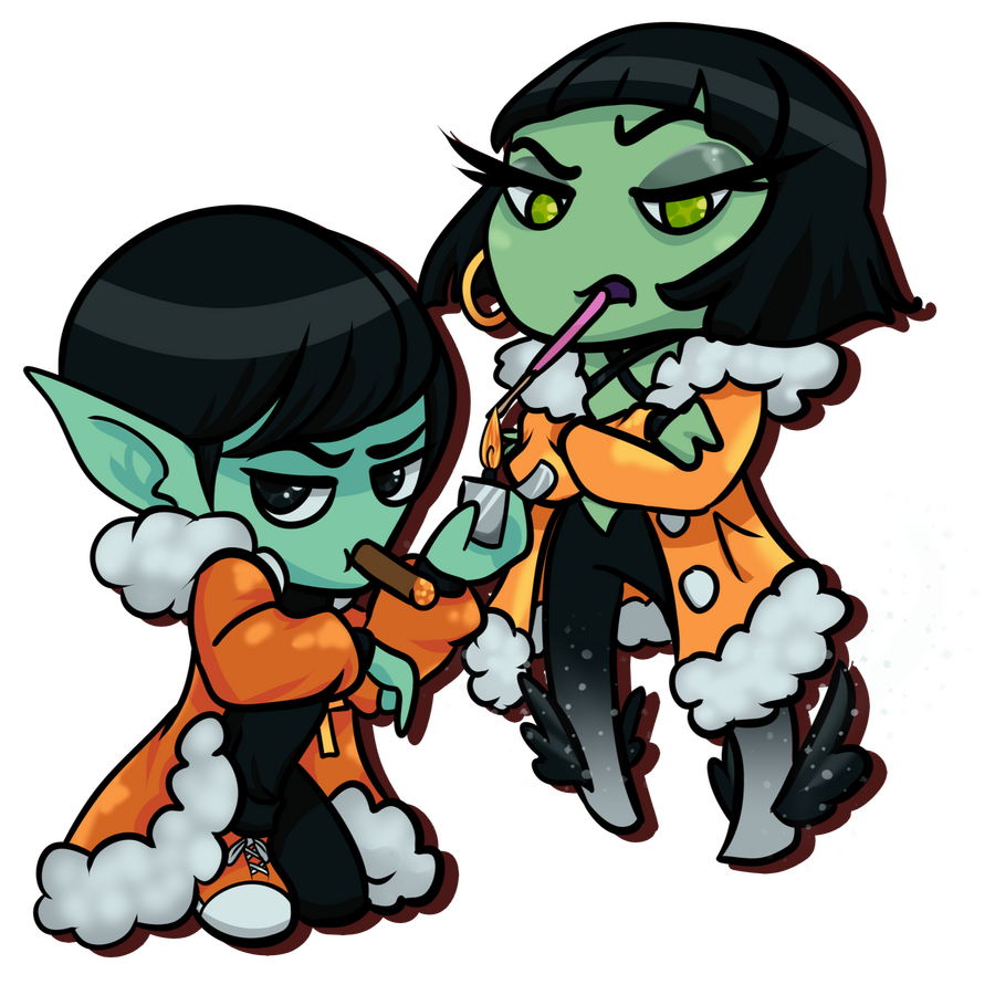 a chibi cartoonish drawing of two green-skinned characters in orange fluff-lined coats. the character on the left is smoking a cigar and holding up a lighter to the end of a stick of pocky, which is hanging out of the mouth of the character on the right.