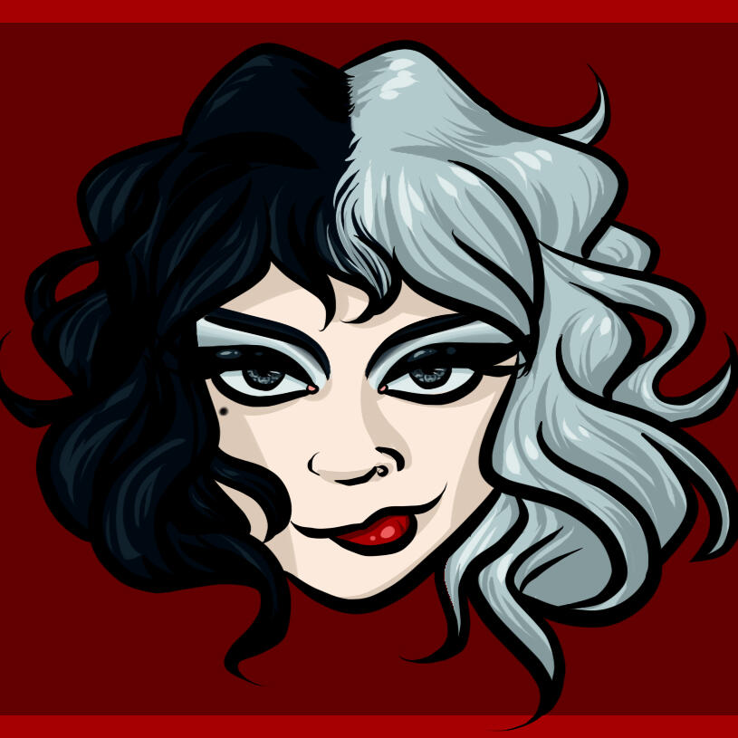 a cartoonish portrait of Emma Stone's portrayal of Cruella De Vil, a pale woman with two-toned black and white hair and dramatic makeup.