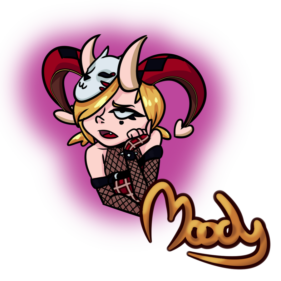 a cartoonish drawing of an exasperated blonde woman. she is wearing a jester hat, a kitsune mask, and pale horns on her head, holding her face in one hand as she rolls her eyes and sighs. "Moody", the character's name, is signed in the bottom right.
