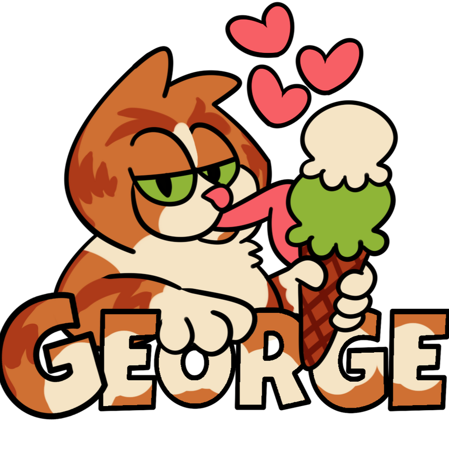 a cartoonish portrait of an orange cat, done in a garfield-adjacent style. the cat is licking an ice cream cone. the cat's name, George, is written across the bottom in all caps.
