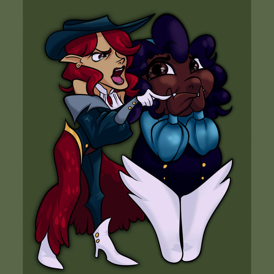 a cartoonish drawing of two women. the tall red-headed swashbuckler on the left is pointing offscreen, leaning forward with an accusatory expression. the short curly-haired cleric on the right is covering her mouth, trying not to laugh.