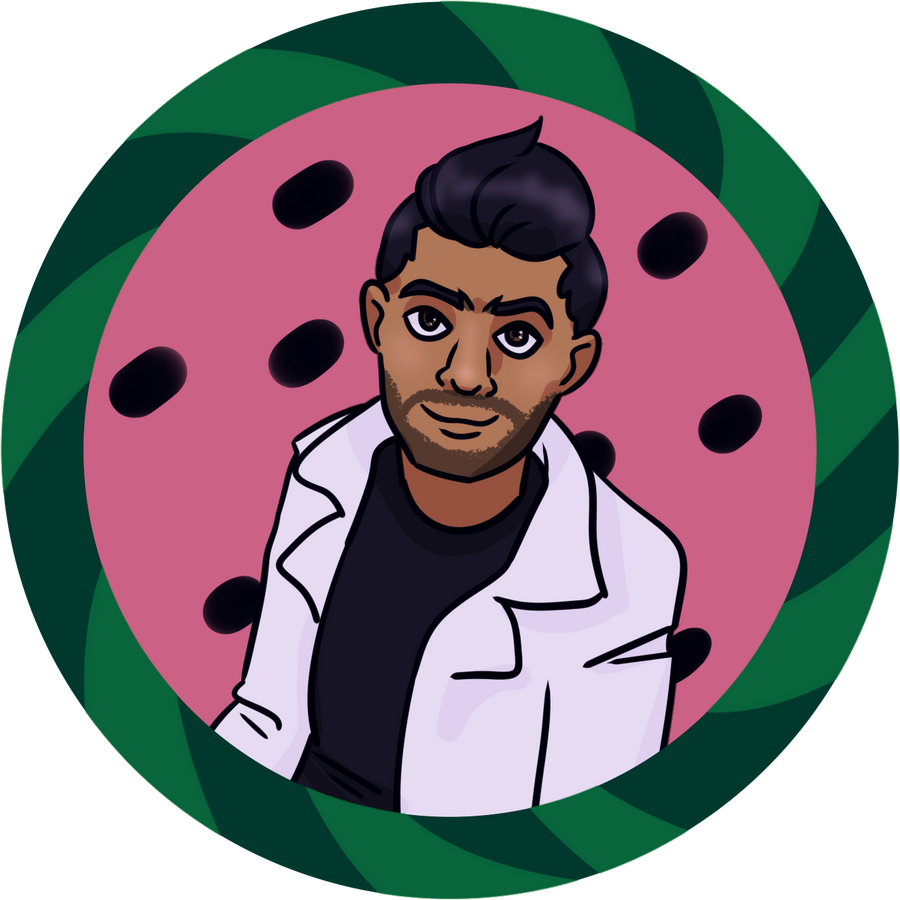 a circular portrait of Bilal Ahmad, a Palestinian lab technician. he is looking directly at the camera with a smile on his face. the background is decorated with elements reminiscent of watermelons.