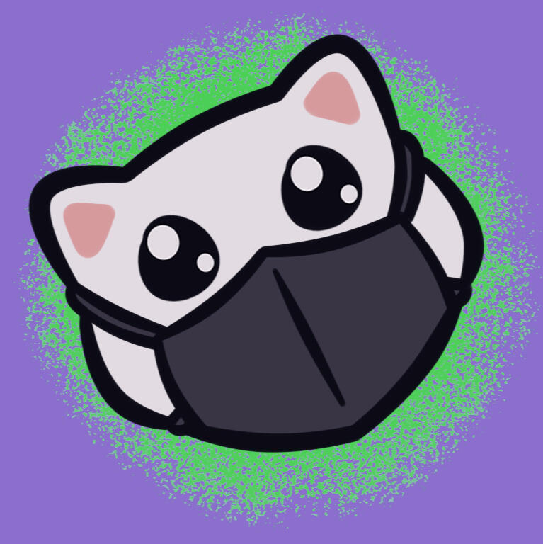 a simplified cartoonish drawing of a white cat's head. the cat is wearing a black face mask and looking directly at the viewer.