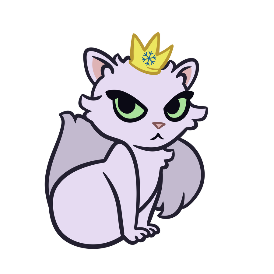 a cartoonish drawing of a fluffy white cat staring directly at the viewer. she wears a lopsided crown with a snowflake on it.