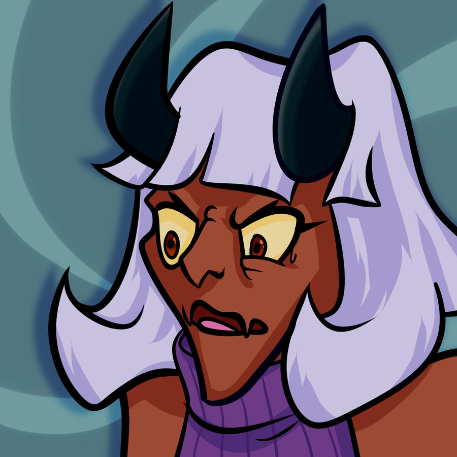 a cartoonish head-and-shoulders drawing of a white-haired demon. they look confused and a little stressed. the image is a reference to the salad cat meme.