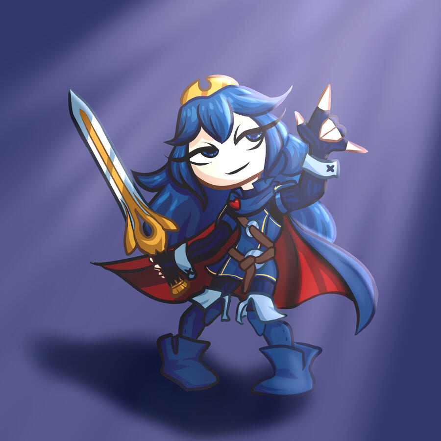 a chibi cartoonish drawing of Lucina from Fire Emblem Awakening. she holds her sword, Falchion, in one hand, and throws horns toward a light source with the other.