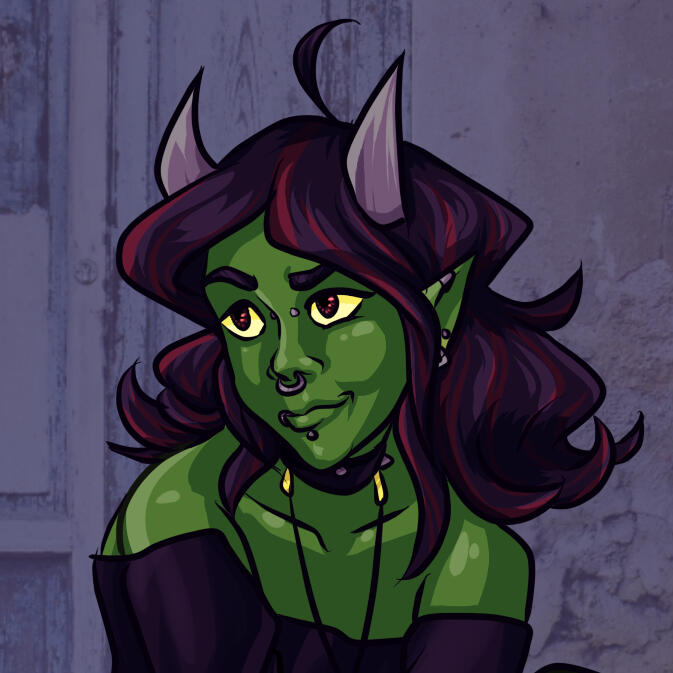 a cartoonish drawing of a feminine goblin, with green skin and horns. she has many piercings and is smirking offscreen.