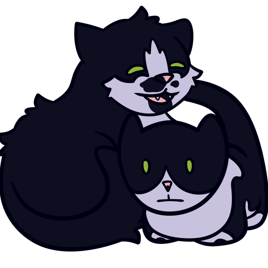 a cartoonish drawing of two tuxedo cats. the left cat is fluffy with a cheerful expression, and the right cat is short-haired and looks nervous.