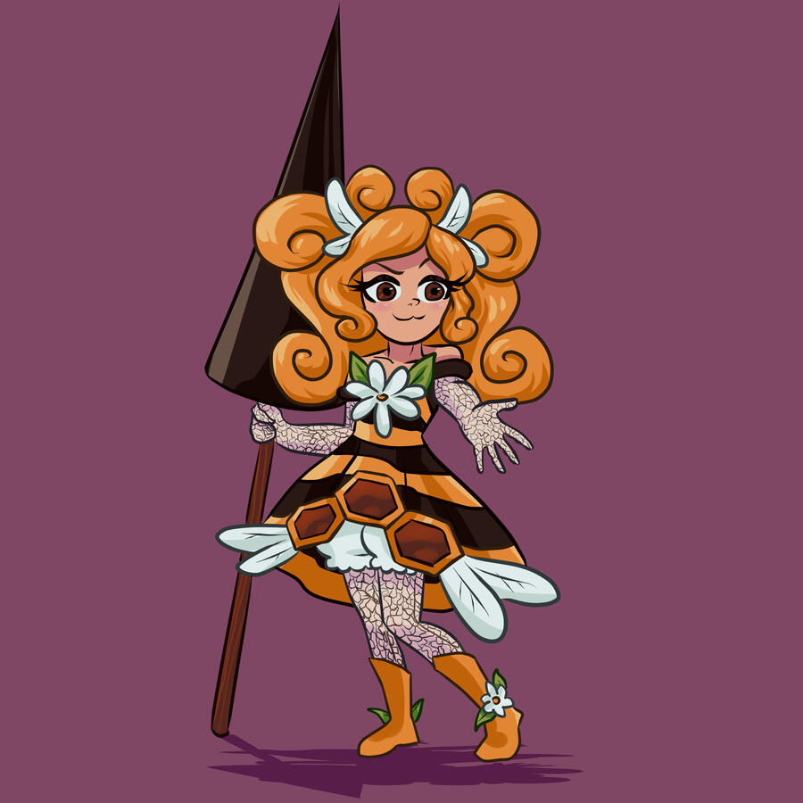 a cartoonish drawing of a cheerful girl in a bee-themed magical girl outfit. she holds a lance that resembles an oversized stinger with one hand, and extends her other hand to the viewer.